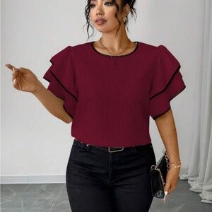 Plus - Burgundy Ruffle Short Sleeve Top - 0X 12